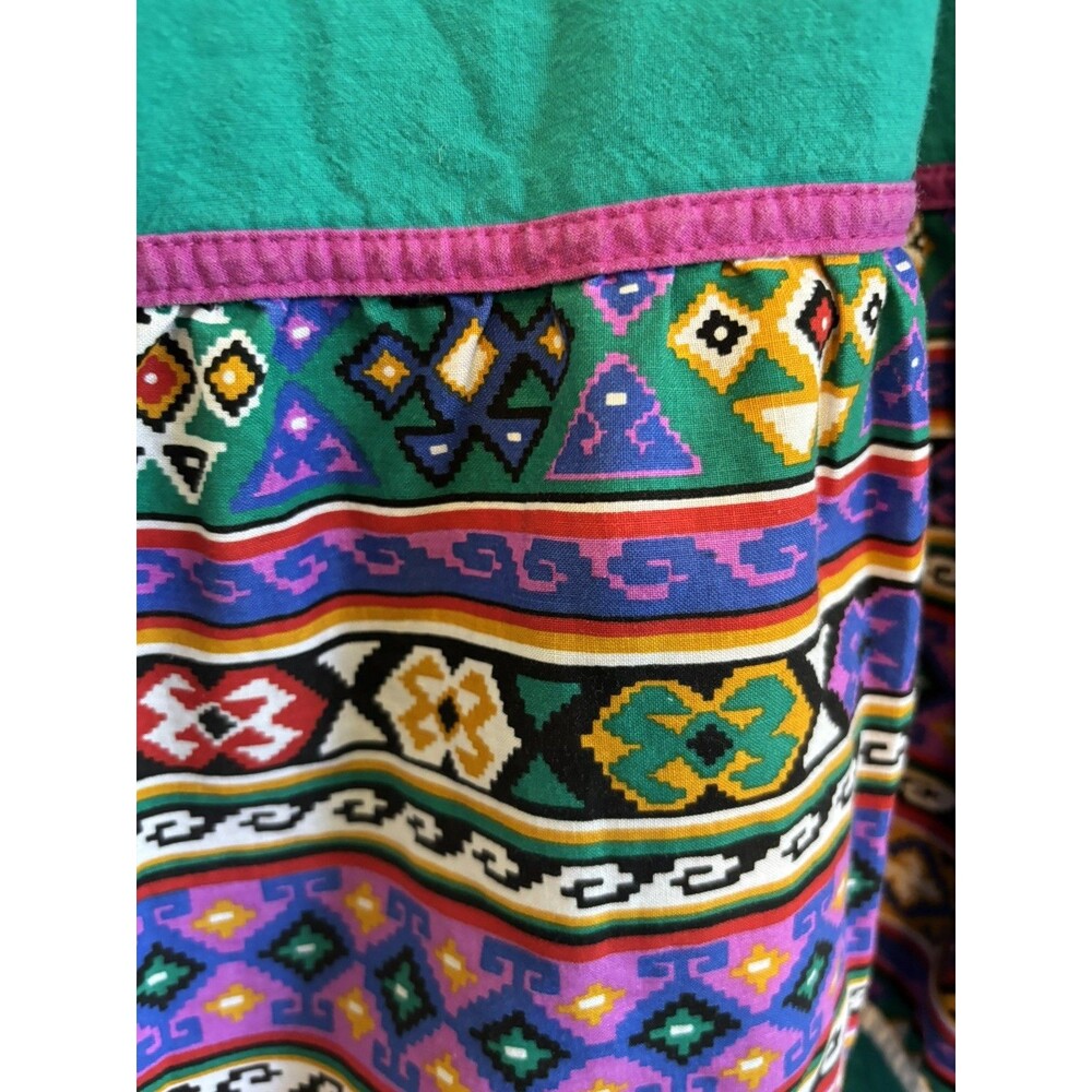 VTG 80s Appel Printed Aztec Geometric Jade Green Colorful Midi Dress Size M - Picture 6 of 9